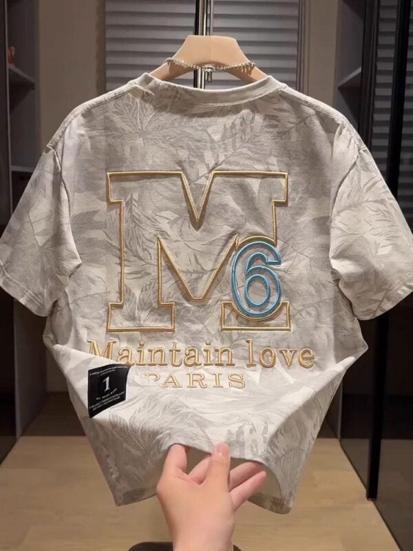 美式復古紮染短袖T卹男士夏季潮牌歐貨重工刺繡休閒圓領半袖上衣