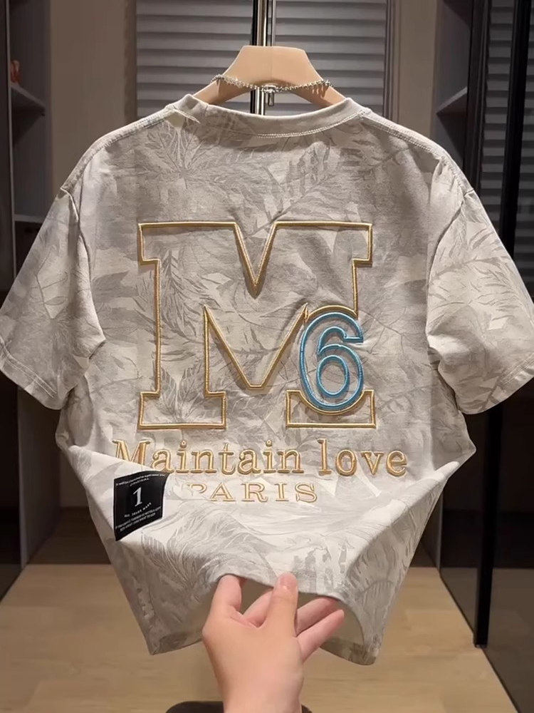 美式復古紮染短袖T卹男士夏季潮牌歐貨重工刺繡休閒圓領半袖上衣
