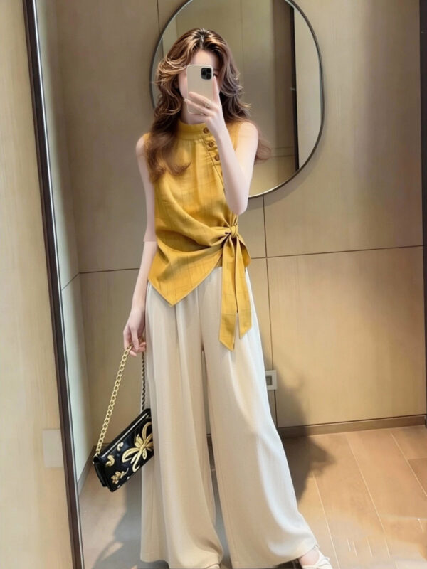 2026超火夏裝一整套女韓版獨特漂亮高級感繫帶收腰無袖襯衫套裝褲