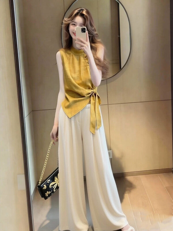 2026超火夏裝一整套女韓版獨特漂亮高級感繫帶收腰無袖襯衫套裝褲