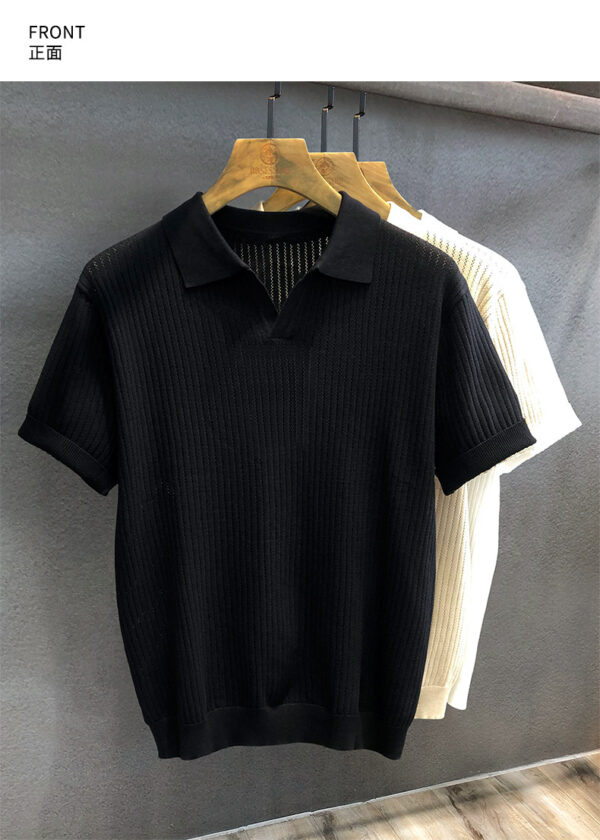 象牙白 舒適冰絲 鏤空花紋針織短袖polo衫男士2026夏季翻領T卹男款